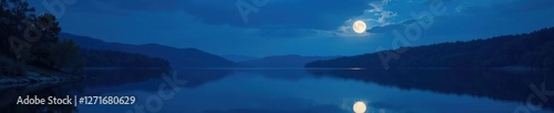 Serene lake at night with moonlight reflection, peaceful, water, calm