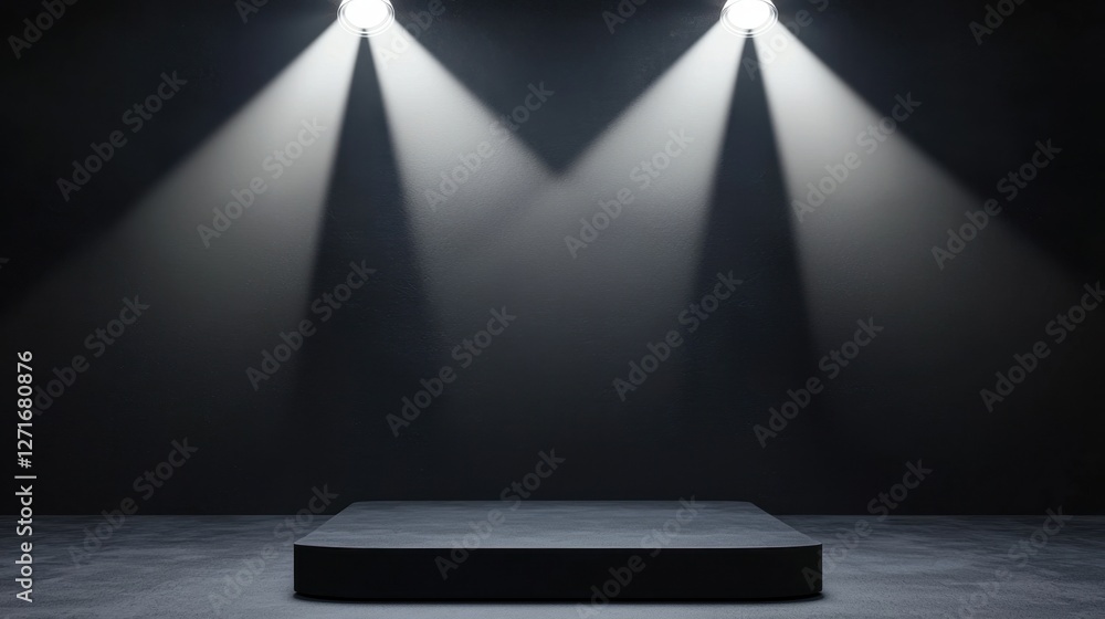 Obraz premium Black Studio Background Illuminated Concept, Modern Studio Setup with Black Platform and Crisp White Spotlights for Professional Photography Shoots