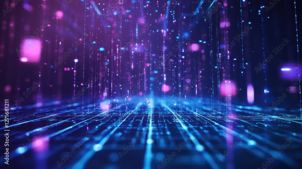 Obraz premium Futuristic Digital Background with Blue and Purple Glowing Grid and Floating Data Particles for Technology and AI-Themed Advertisements