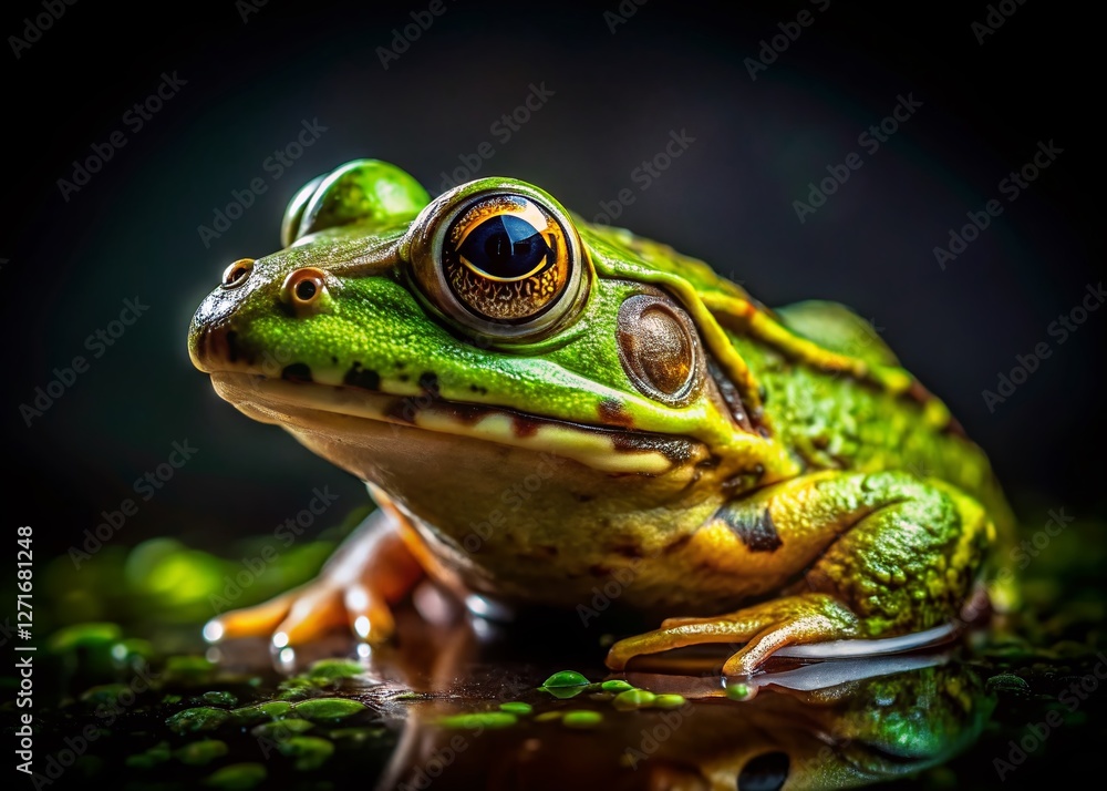 Close-Up Low Light Green Frog Macro Photography, Amphibian Night Wildlife Close-Up Low Light Green Frog Macro Photography, Amphibian Night Wildlife