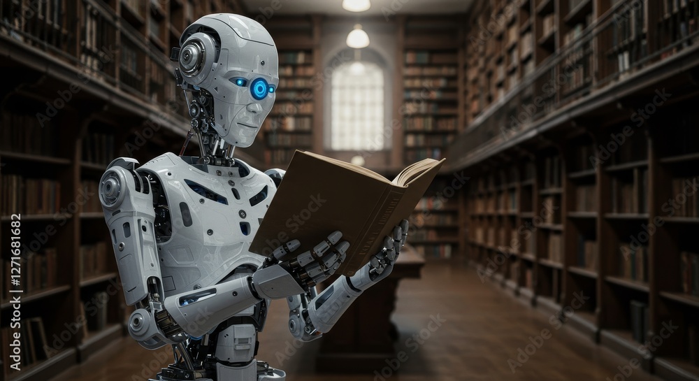Robot Reading in Library - A futuristic robot sits in a grand library, carefully reading a book. It depicts the concept of artificial intelligence and knowledge Robot Reading in Library - A futuristic robot sits in a grand library, carefully reading a book. It depicts the concept of artificial intelligence and knowledge