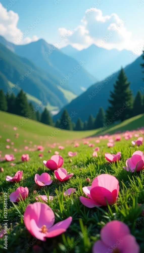 Fototapeta premium Soft pink rose petals scattered on a serene mountain meadow, landscape, mountains
