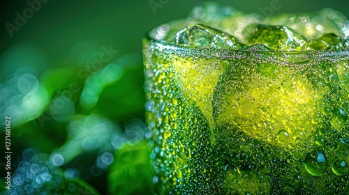 Close-up iced green drink, bokeh leaves, outdoors photo