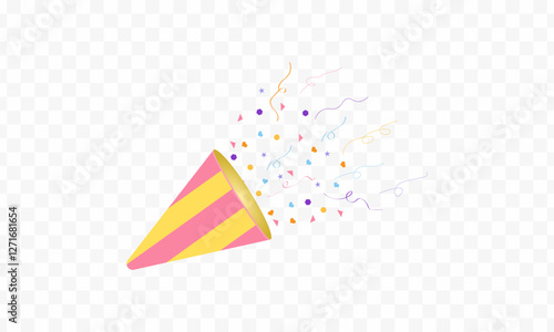 Vector Illustration of a party popper confetti set. Firecrackers, explosions, and celebrations. Birthday cracker isolated. Hand drawn design. Glittering confetti on a transparent background. Holiday.