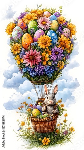 Whimsical Watercolor of Bunnies Flying in Hot Air Balloon with Floral Bouquet