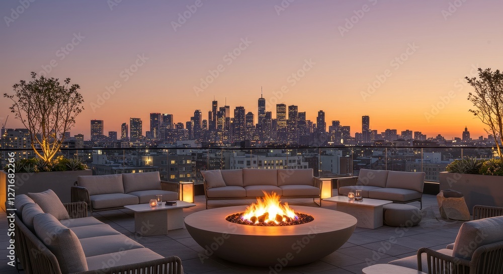 Obraz premium Rooftop Terrace Dusk Cityscape Fire Pit - Relaxing rooftop scene, city skyline at dusk, warm fire pit, comfortable seating, urban tranquility. Symbolizing: peace, luxury, community, warmth, escape