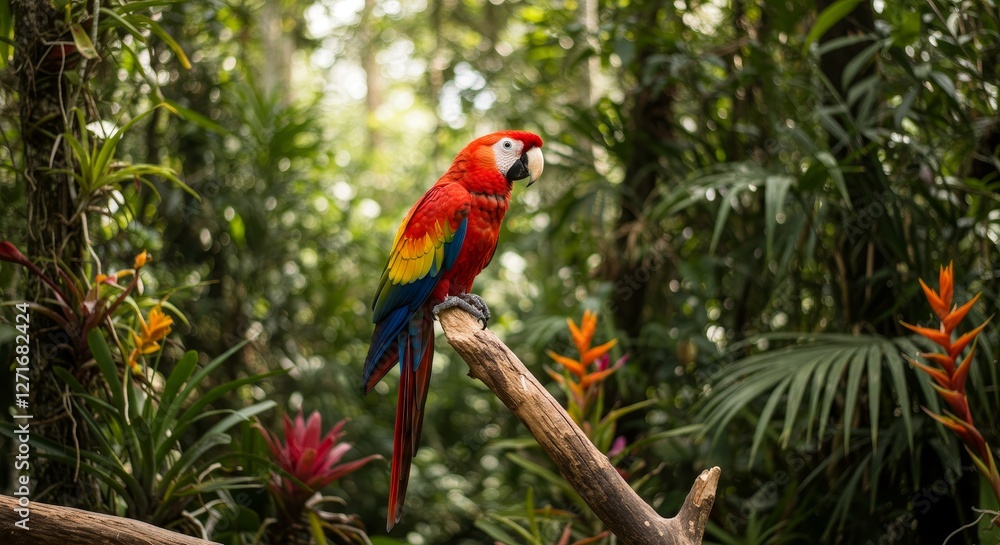 Obraz premium Scarlet Macaw in Lush Rainforest - Vibrant scarlet macaw perched on a branch amidst lush green rainforest foliage and colorful flowers