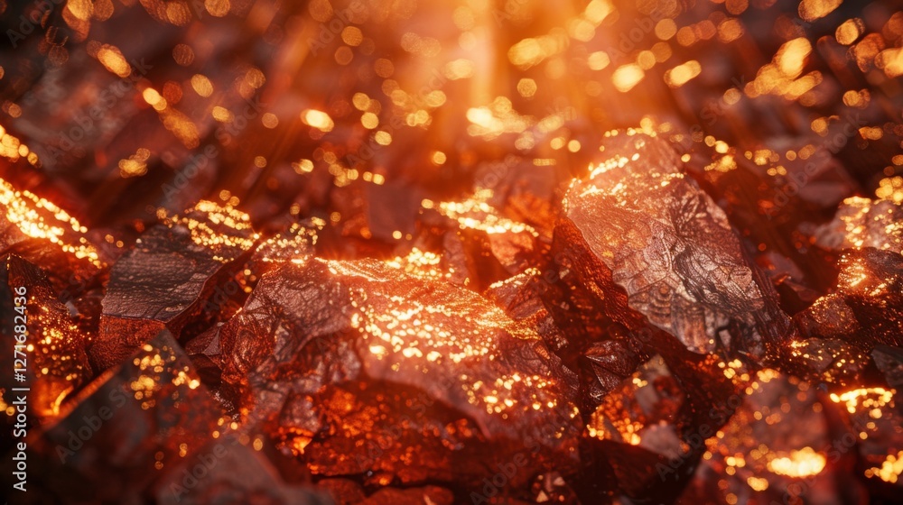 Bright, flowing molten lava highlights the rugged texture of volcanic rocks, creating a mesmerizing display of light and color in a natural landscape at dawn.