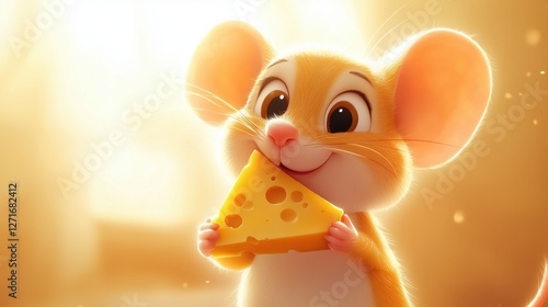 A cute cartoon contented mouse holds a piece of triangular cheese with a smiling contented face. Children's illustration, close-up. Bright sunlight