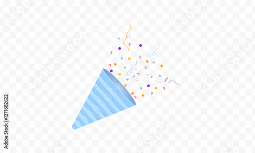 Vector Illustration of a party popper confetti set. Firecrackers, explosions, and celebrations. Birthday cracker isolated. Hand drawn design. Glittering confetti on a transparent background. Holiday.