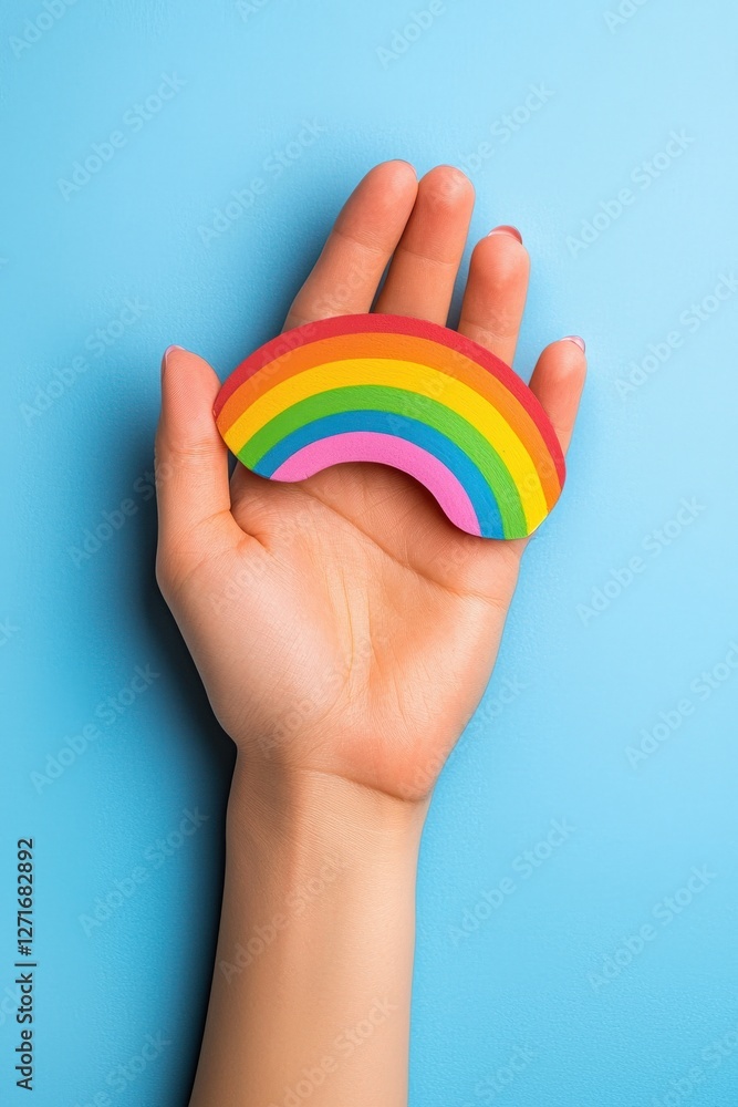 A hand holds a vibrant rainbow art piece against a soft blue background, symbolizing joy, creativity, and colorful expression in a playful manner. A hand holds a vibrant rainbow art piece against a soft blue background, symbolizing joy, creativity, and colorful expression in a playful manner.