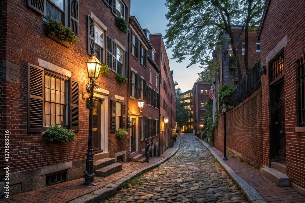 Fototapeta premium Street view of Beacon Hill neighborhood in Boston at dusk, historic homes, brick buildings, twilight, street lamps