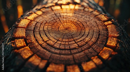 Close-up of a weathered tree stump with concentric rings, campfire in background photo