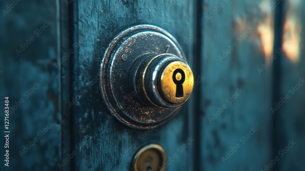 Close-up of antique lock, weathered door, city background Close-up of antique lock, weathered door, city background