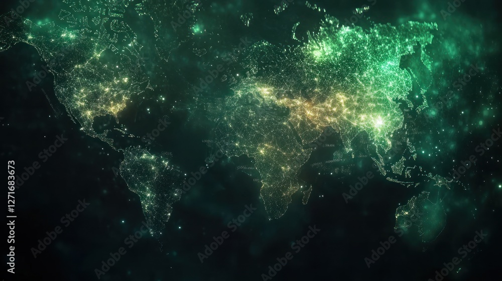 Fototapeta premium Global network connections visualized as a glowing world map, depicting communication, technology, and globalization.