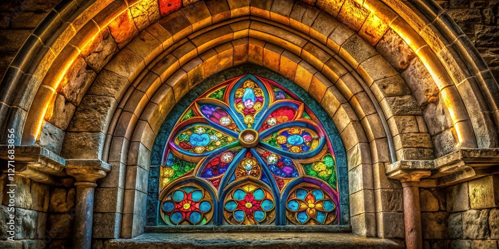 Close-up of Antique Archway with Vibrant Stained Glass Window Close-up of Antique Archway with Vibrant Stained Glass Window