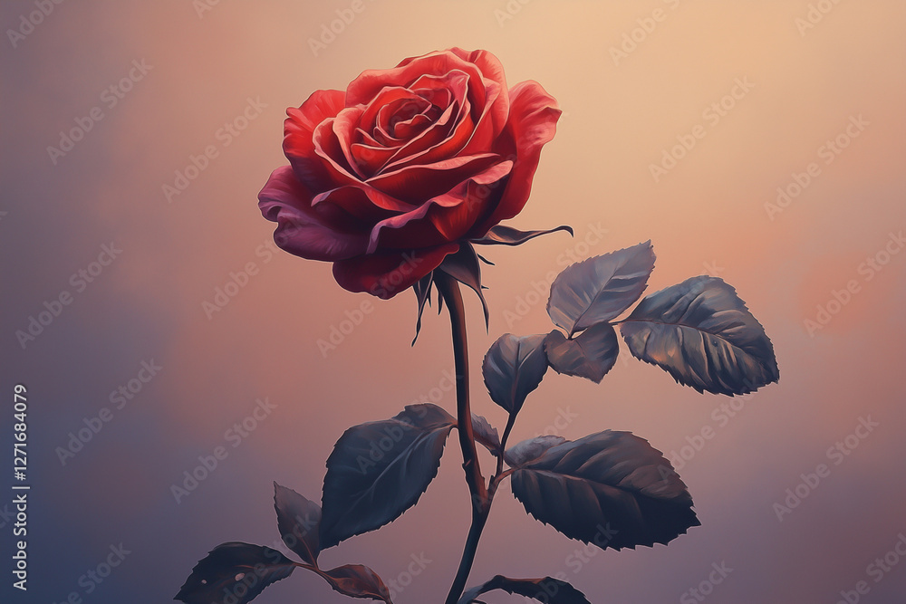 Obraz premium A realistic illustration of an elegant rose, vibrant red petals with delicate pink edges and dark green leaves on its stem