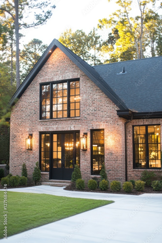 An elegant brick house, adorned with expansive windows, sits gracefully among the trees on a sunny afternoon in a tranquil neighborhood An elegant brick house, adorned with expansive windows, sits gracefully among the trees on a sunny afternoon in a tranquil neighborhood