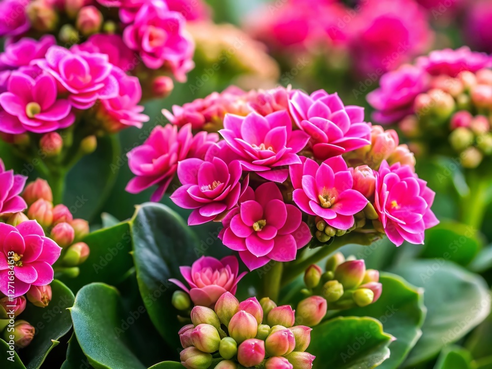 Obraz premium Close-up of Blooming Pink Kalanchoe Flowers and Unopened Buds, Lush Green Succulent Leaves - Stock Photo