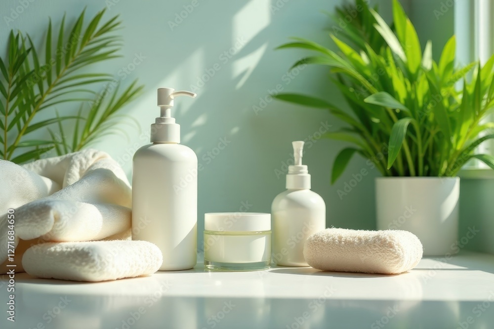 Sunlit Serenity Luxurious Bath and Body Products Displayed with Soft Towels and Lush Greenery Sunlit Serenity Luxurious Bath and Body Products Displayed with Soft Towels and Lush Greenery