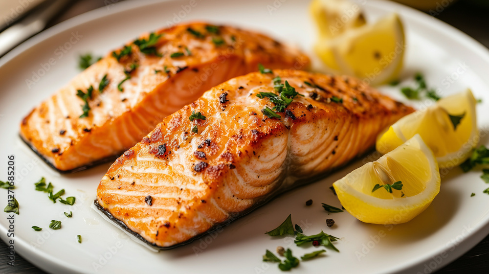 Baked salmon fillet with lemon wedges and fresh herbs Baked salmon fillet with lemon wedges and fresh herbs