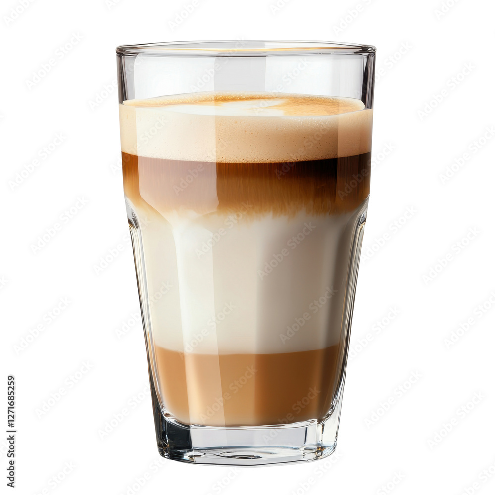 Close-Up View of an Artistic Layered Coffee Beverage in a Transparent Glass Cup Showcasing Creamy Espresso, Milk, and Foam Textures Close-Up View of an Artistic Layered Coffee Beverage in a Transparent Glass Cup Showcasing Creamy Espresso, Milk, and Foam Textures