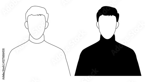 A profile illustration of a man's silhouette in a turtle-neck sweater. An outline man profile illustration. A black and white male avatar picture.