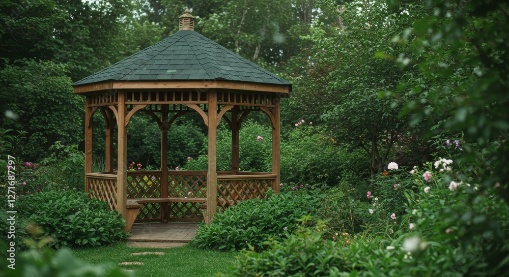 Naklejka premium Tranquil Garden Gazebo - Wooden gazebo nestled in a lush green garden, perfect for relaxation and peaceful contemplation
