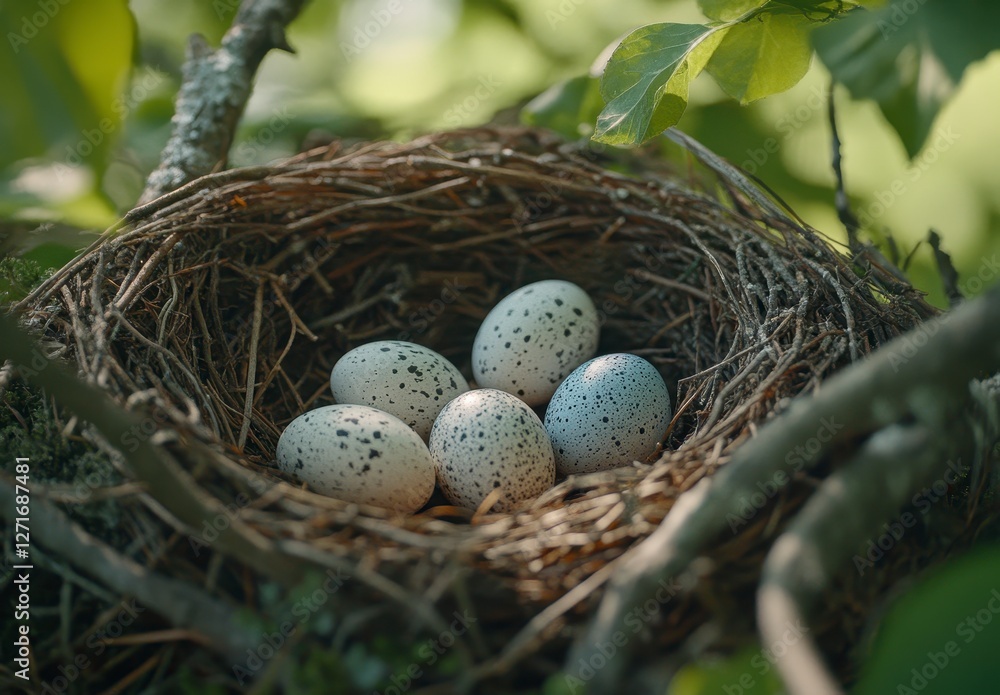 Nest with Speckled Eggs Surrounded by Green Nature Elements Nest with Speckled Eggs Surrounded by Green Nature Elements