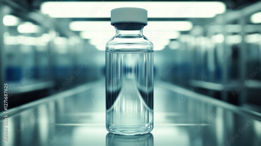 Clear Glass Bottle with Water in Modern Laboratory Setting Clear Glass Bottle with Water in Modern Laboratory Setting
