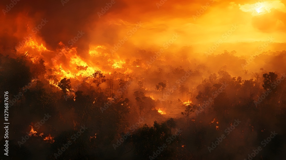 Naklejka premium Wildfire Consuming Dense Forest, Dramatic Orange Sky Filled with Smoke