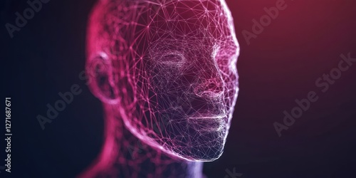 Abstract digital human head, glowing pink and purple, wireframe mesh.