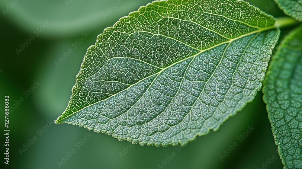 Close-up of vibrant green leaf veins, garden setting, blurred foliage background Close-up of vibrant green leaf veins, garden setting, blurred foliage background