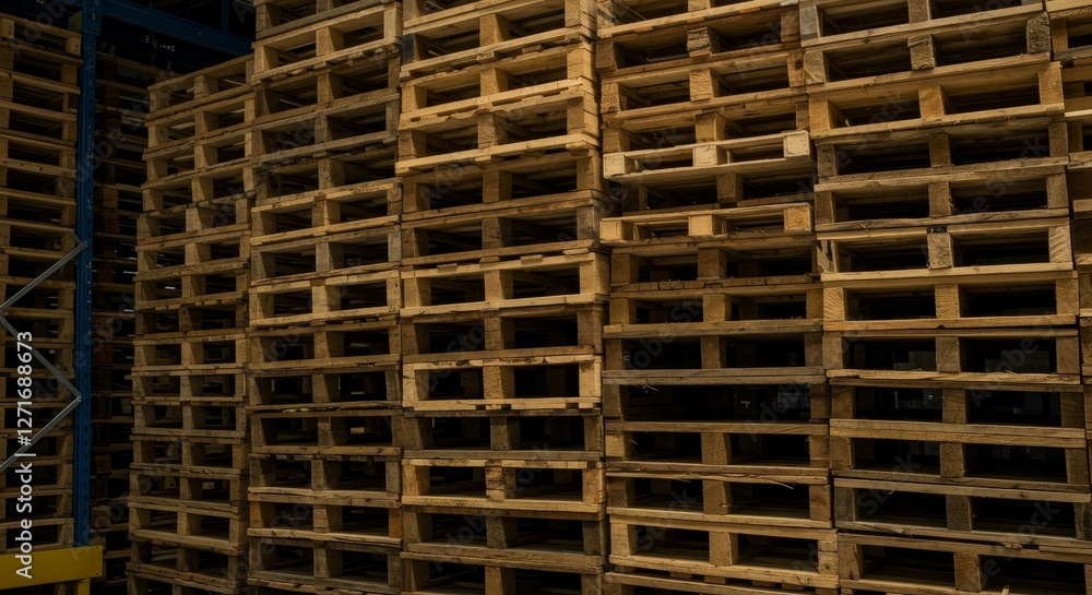 Warehouse Pallets Stacked High in Storage - Rows of wooden pallets neatly stacked in a warehouse, symbolizing logistics, storage, shipping, industry, and supply chain Warehouse Pallets Stacked High in Storage - Rows of wooden pallets neatly stacked in a warehouse, symbolizing logistics, storage, shipping, industry, and supply chain