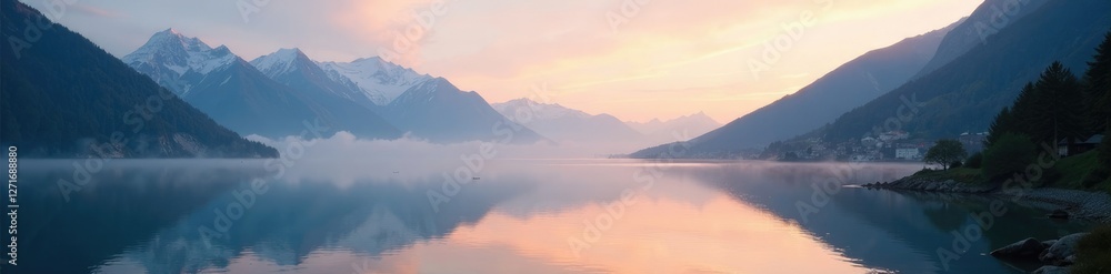 The misty dawn breaks over Lake St Moritz's calm waters, quiet environment, serene lake The misty dawn breaks over Lake St Moritz's calm waters, quiet environment, serene lake