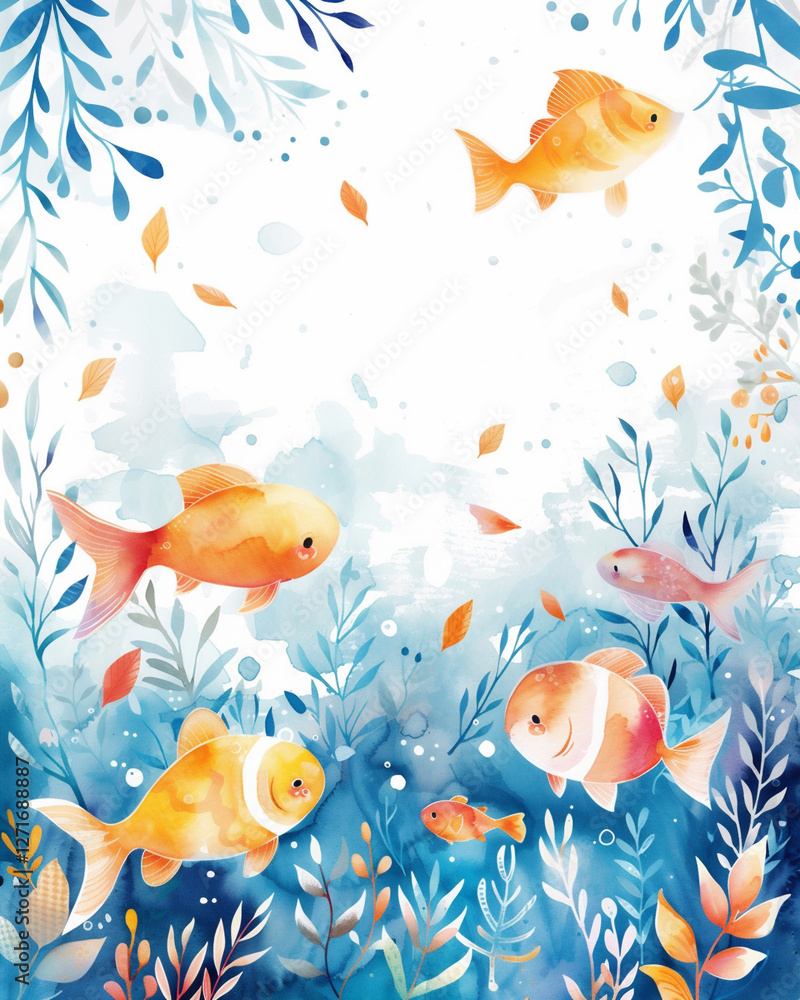 Naklejka premium Watercolor abstract vertical ackground with fish