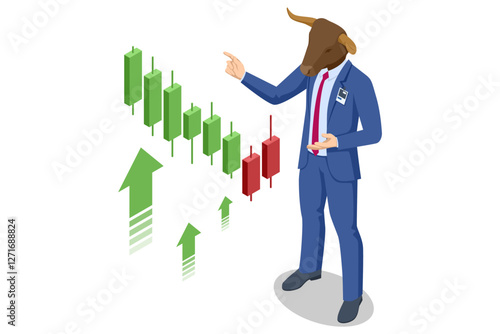 An isometric illustration of stock broker with a large green bull and rising stock charts, symbolizing a bullish market trend. Bull market, stock growth, financial success