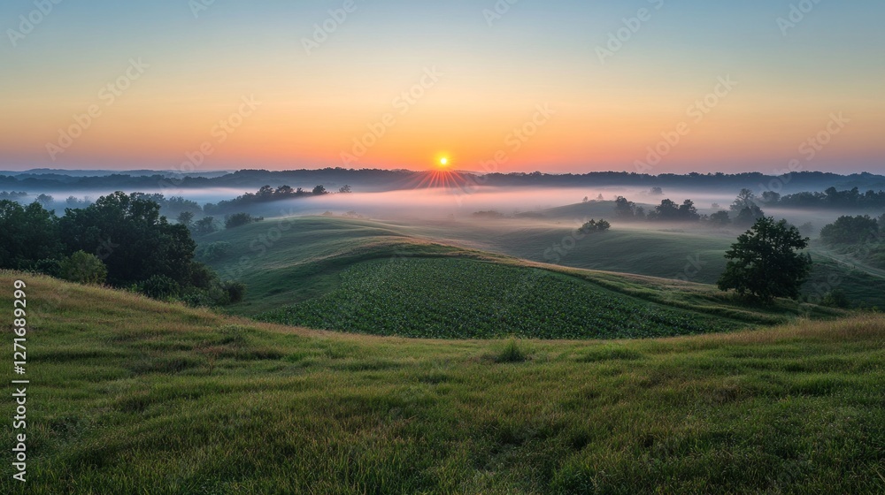 Fototapeta premium Sunrise over rolling hills, a breathtaking landscape painting of a peaceful morning.