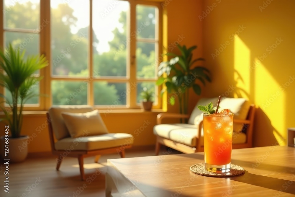 A refreshing iced beverage sits on a wooden table in a sunlit room, next to a comfortable chair and a modern sofa, creating a tranquil and inviting atmosphere A refreshing iced beverage sits on a wooden table in a sunlit room, next to a comfortable chair and a modern sofa, creating a tranquil and inviting atmosphere