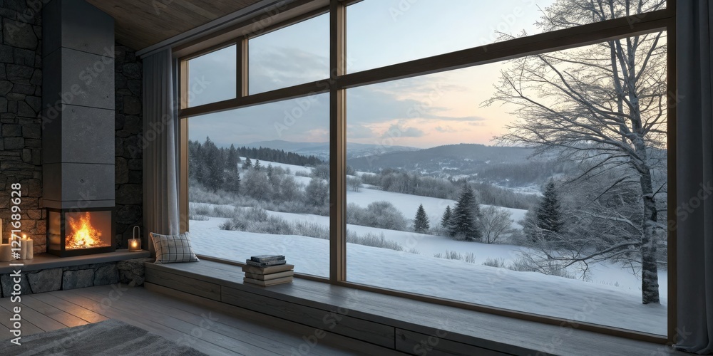 Fototapeta premium The soft light of a crackling fire shines through a large window overlooking a snowy scene creating a peaceful and calming ambiance, crackling fire, peaceful scene, calm ambiance