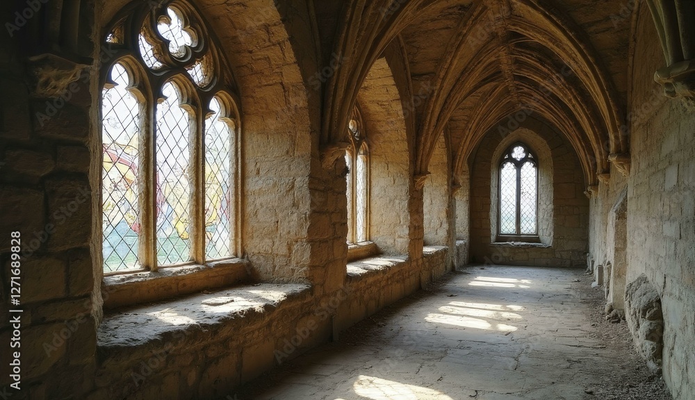 Dimly Lit Medieval Stone Corridor With Gothic Architecture, And Historical