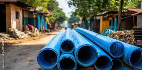 A stack of blue plastic pipes rests on a dirt road in a rural setting, with nearby houses and greenery visible in the background