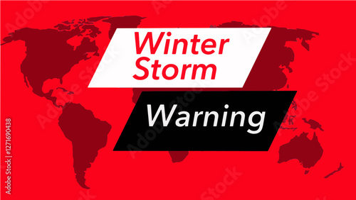 Winter Storm warning, A television weather banner, known as an “over the shoulder”  is seen with a map of the world showing the United States. Colors are red, black and this is a vector graphic .