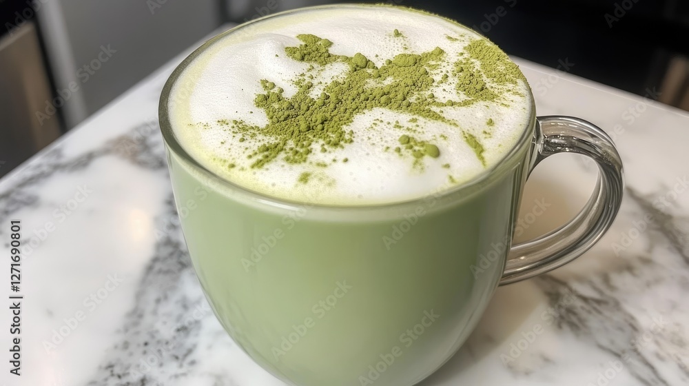 A refreshing matcha latte with almond milk, topped with frothy foam and sprinkled with matcha powder, served in a stylish mug. A refreshing matcha latte with almond milk, topped with frothy foam and sprinkled with matcha powder, served in a stylish mug.