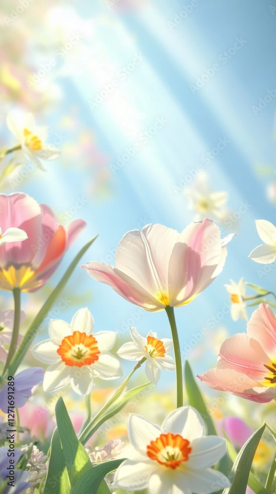Tulip and daffodil flowers in sunny field with blue sky background, spring season Tulip and daffodil flowers in sunny field with blue sky background, spring season