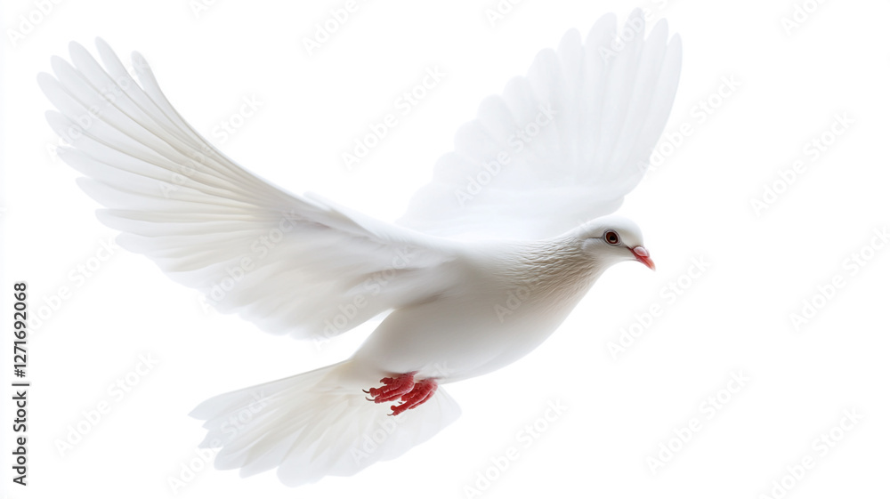 Obraz premium A white dove flying in the air isolated on white background.