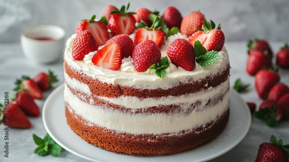A whole strawberry cake with cream cheese frosting, surrounded by fresh strawberries and mint leaves on a white plate. A whole strawberry cake with cream cheese frosting, surrounded by fresh strawberries and mint leaves on a white plate.