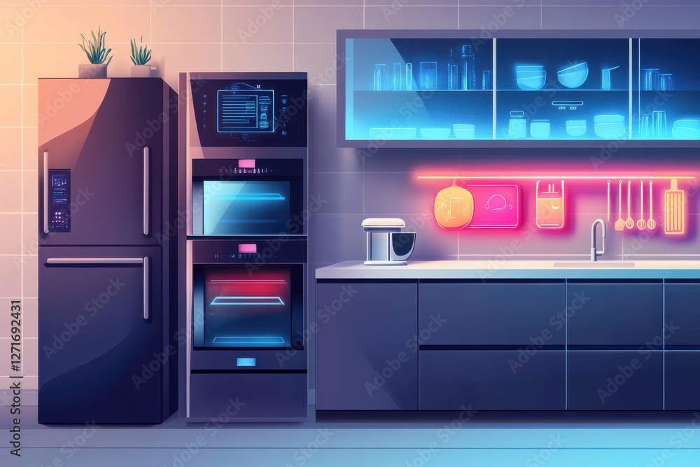 Fototapeta premium High-Tech Minimalist Kitchen Illustration with Smart Appliances and Glowing Digital Interfaces for Advertising Innovative Kitchen Products