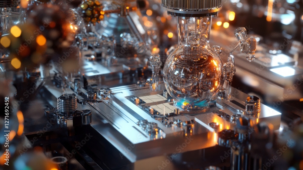Futuristic Laboratory Machine with Intricate Glassware and Modern Technology. A Detailed View of a Complex Scientific System. Futuristic Laboratory Machine with Intricate Glassware and Modern Technology. A Detailed View of a Complex Scientific System.