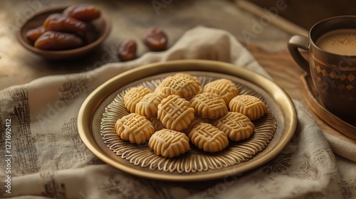 Delightful maamoul cookies arranged on a brass plate with dates and Arabic coffee during the warm lighting of Ramadan's iftar meal photo